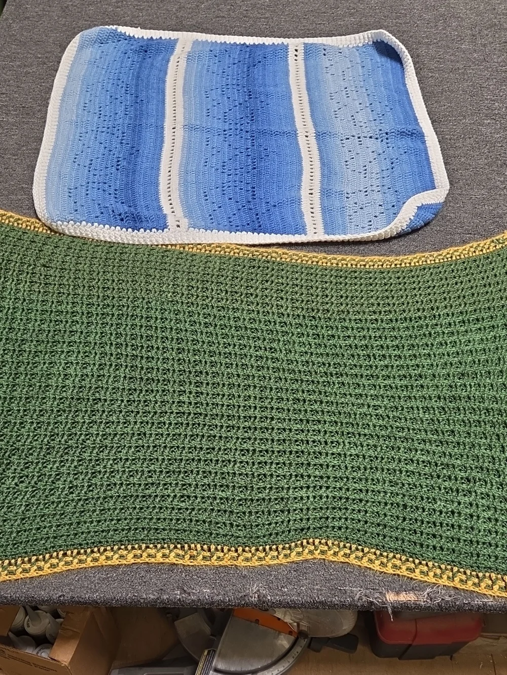 2 Handmade Green and Gold & Blue & White Crochet Blankets